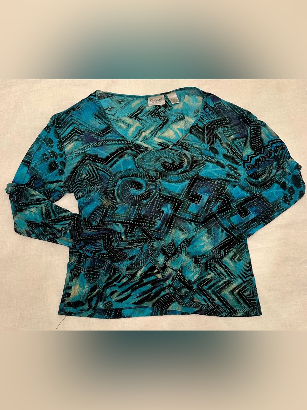 Vintage Chico’s Travelers Abstract Print Top Blue Teal Black Long Sleeve Size 0